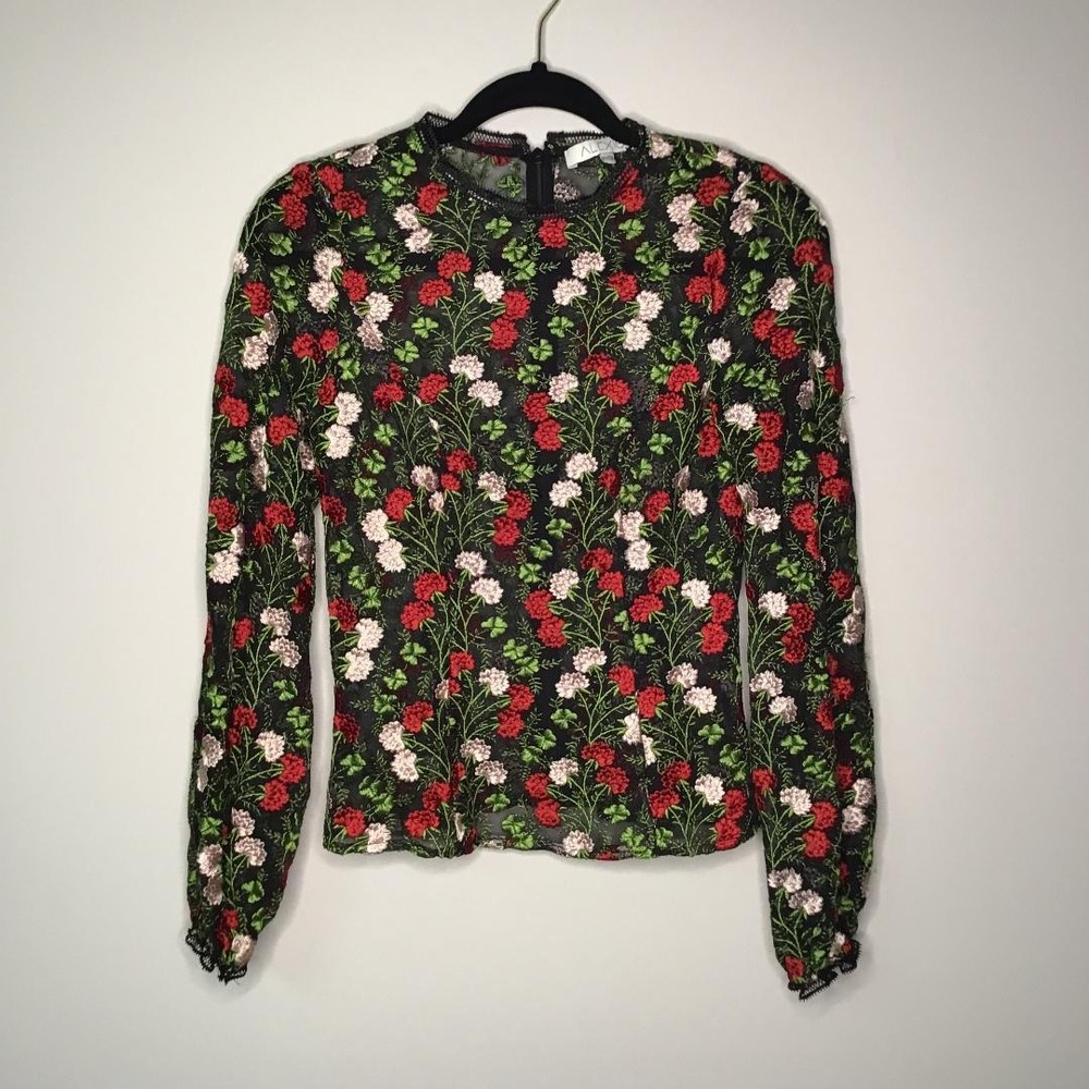Alexis Aida Black Mesh Floral Embroidered Top Lace Trim Size S‎ Luxury Whimsical